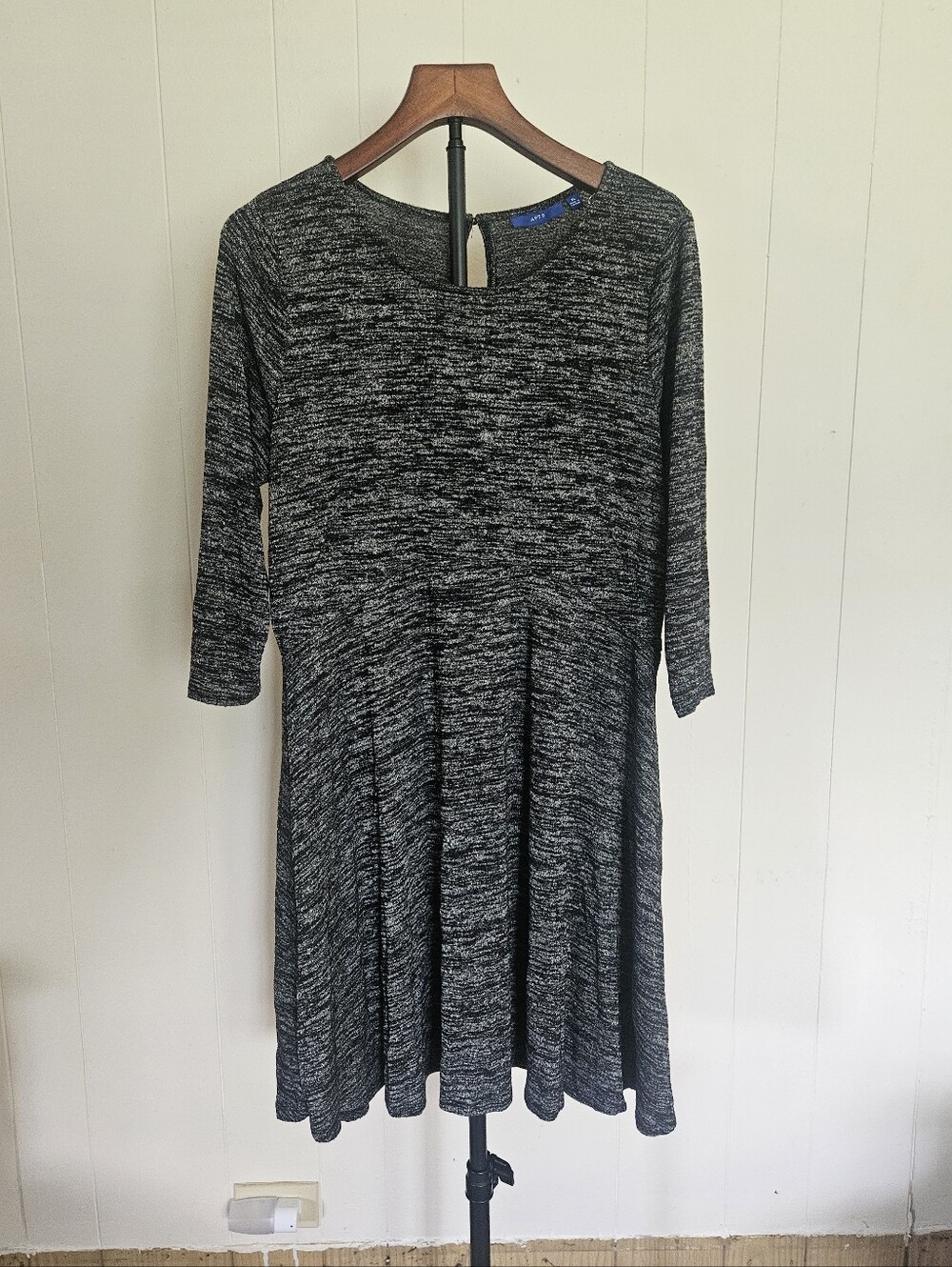 Apt. 9 Black Marled Gray Long-Sleeve Fit & Flare Dress Size XL